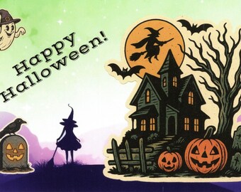 Haunted House Witch Paperweight, Halloween Scene, 4x6 Inches