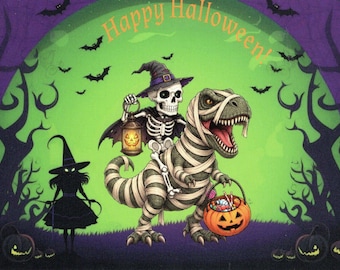 Happy Halloween! Skeleton riding a mummy t-rex holding a bucket of candy.