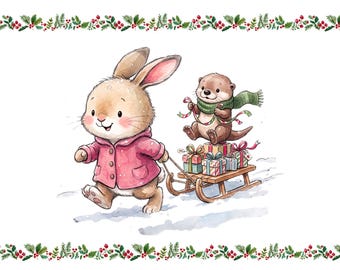 Bunny and Otter on sled Postcard