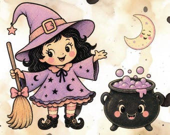 Halloween Witch Postcard with Broom, Cauldron, Pumpkins (4x6 inches)