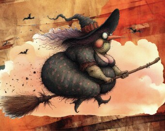 Chubby Witch on Broom Halloween Paperweight, Black Polka-Dot Dress (4x6 inches)