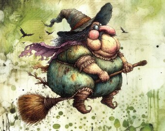 Funny Chubby Witch Flying on Broom Halloween Paperweight (4x6 inches)