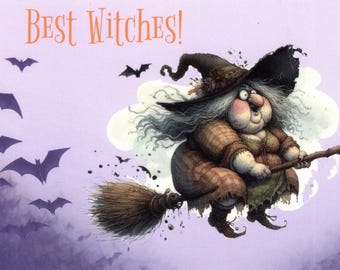 Funny Chubby Witch Broom Postcard: Halloween Bats, 4x6 Paper Weight