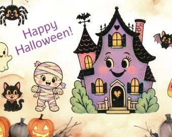 Happy Halloween! Cute card with a black cat, mummy, ghost, spider, bat, and a haunted house!