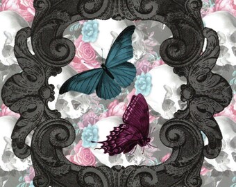 Gothic style card with black frame, butterflies, and skulls in the background.
