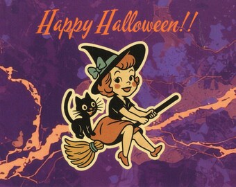 Happy Halloween! Witch, broom, black cat.