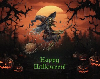 Happy Halloween! Spooky witch riding a broom with a haunting background postcard.