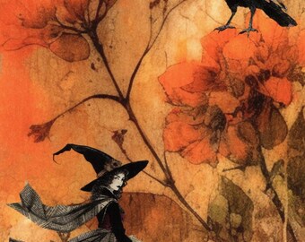 Victorian Witch & Crowned Crow Halloween Paperweight (4x6 inches)