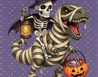 Happy Halloween! Trick or Treat! Skeleton riding a mummy t-rex carrying a bucket of candy.