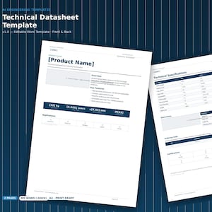 Puede incluir: Una plantilla de ficha técnica de dos páginas en formato Microsoft Word, con un diseño blanco y encabezados azul oscuro. El documento incluye secciones para el nombre del producto, descripción general, características clave, especificaciones y códigos.