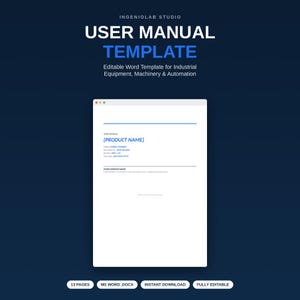 May include: An editable user manual template for industrial equipment, machinery, and automation in Microsoft Word format. The document features a white page with blue text headers, including placeholders for product name, model number, and company details.