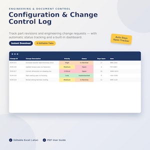 Engineering Change Log Excel Template | Configuration Management Tracker | ECR ECN Log | Revision Control