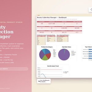 Peut inclure: Un tableau de bord numérique Beauty Collection Manager sous forme de feuille de calcul avec un thème rose et blanc. L'interface affiche divers tableaux de données, des graphiques circulaires et des histogrammes pour le suivi du maquillage.