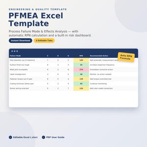 May include: A digital PFMEA Excel template featuring a data table with columns for Failure Mode, S, O, D, RPN, and Recommended Action. The interface includes an Auto RPN Formula tag, 4 editable tabs, and text indicating an editable Excel file and PDF user guide.