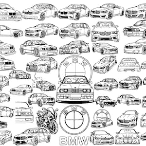 Könnte beinhalten: Eine schwarz-weiße Strichzeichnung-Collage mit zahlreichen BMW-Automodellen, einem Motorrad und dem BMW-Logo. Die Sammlung zeigt verschiedene Fahrzeugansichten, einschließlich Front-, Seiten- und Heckansichten, alles in einem detaillierten Skizzenstil.