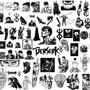 May include: A collection of black and white manga-style illustrations featuring the character Guts, the Brand of Sacrifice symbol, and the text BERSERK. The images depict various combat scenes, close-up portraits, swords, and skulls in ink.