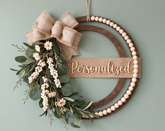 Personalized Double Hoop Wreath, Eucalyptus Berry Burlap Door Hanger