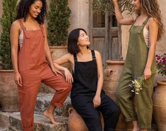 Boho Linen Blend Jumpsuit Women, Wide Leg Casual Summer Romper, Adjustable Straps Vacation Outfit