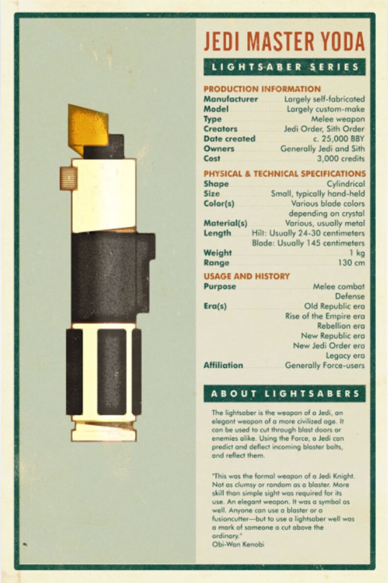K&ouml;nnte beinhalten: Eine detaillierte Infografik &uuml;ber das Lichtschwert, das von Jedi-Meister Yoda verwendet wird. Die Infografik enth&auml;lt Informationen &uuml;ber die Produktion des Lichtschwerts, seine physikalischen und technischen Spezifikationen, seine Verwendung und Geschichte sowie seine Zugeh&ouml;rigkeit. Die Infografik enth&auml;lt auch ein Zitat von Obi-Wan Kenobi &uuml;ber Lichtschwerter.