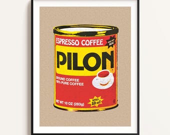 Pôster de arte pop do Café Pilon – Arte retrô com café, gráfico vintage de café cubano, decoração de parede de cozinha, presente para amantes de café