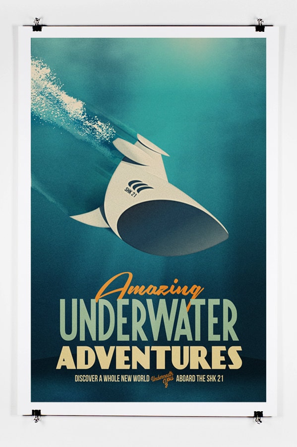 Retro Sci-fi Underwater Adventure Poster – Vintage Submarine
