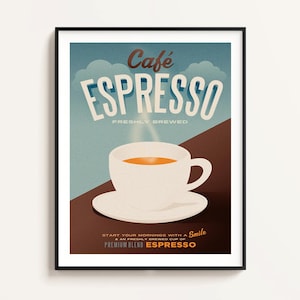 Peut inclure: Une affiche de style vintage annonçant "Café Espresso" avec une tasse de café fumante sur une soucoupe. L'affiche présente un fond bleu et marron avec des nuages blancs et le texte "Fraîchement préparé". Le slogan dit "Commencez vos matins avec un sourire et une tasse d'espresso fraîchement préparé de qualité supérieure."