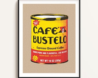 Pôster de arte pop do Café Bustelo – Arte retrô com café, gráfico vintage de café cubano, decoração de parede de cozinha, presente para amantes de café