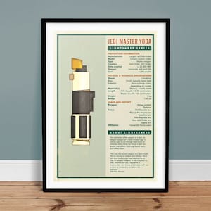 K&ouml;nnte beinhalten: Ein Vintage-Poster mit einer detaillierten Illustration von Jedi-Meister Yodas Lichtschwert. Das Poster enth&auml;lt Informationen &uuml;ber die Produktion des Lichtschwerts, seine physikalischen und technischen Spezifikationen, seine Verwendung und Geschichte sowie seine Zugeh&ouml;rigkeit. Der Text enth&auml;lt Details wie das Modell, den Typ, die Sch&ouml;pfer, das Erstellungsdatum, die Besitzer, die Kosten, die Form, die Farbe, das Material, die L&auml;nge, das Gewicht, die Reichweite, den Zweck, die Epoche und die Zugeh&ouml;rigkeit des Lichtschwerts. Das Poster ist eine gro&szlig;artige Erg&auml;nzung f&uuml;r jede Star Wars-Sammlung.