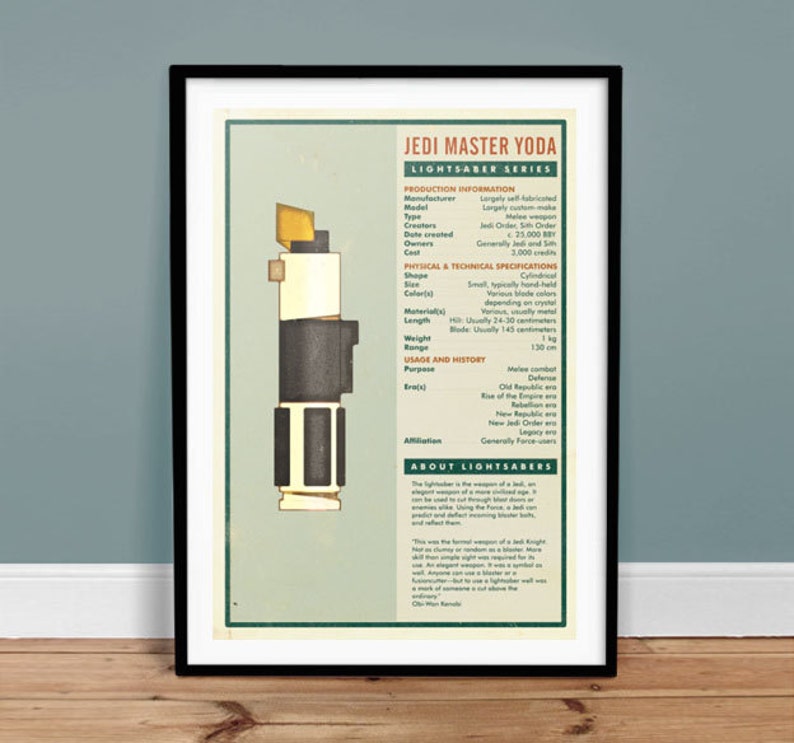 K&ouml;nnte beinhalten: Ein Vintage-Poster mit einer detaillierten Illustration von Jedi-Meister Yodas Lichtschwert. Das Poster enth&auml;lt Informationen &uuml;ber die Produktion des Lichtschwerts, seine physikalischen und technischen Spezifikationen, seine Verwendung und Geschichte sowie seine Zugeh&ouml;rigkeit. Der Text enth&auml;lt Details wie das Modell, den Typ, die Sch&ouml;pfer, das Erstellungsdatum, die Besitzer, die Kosten, die Form, die Farbe, das Material, die L&auml;nge, das Gewicht, die Reichweite, den Zweck, die Epoche und die Zugeh&ouml;rigkeit des Lichtschwerts. Das Poster ist eine gro&szlig;artige Erg&auml;nzung f&uuml;r jede Star Wars-Sammlung.