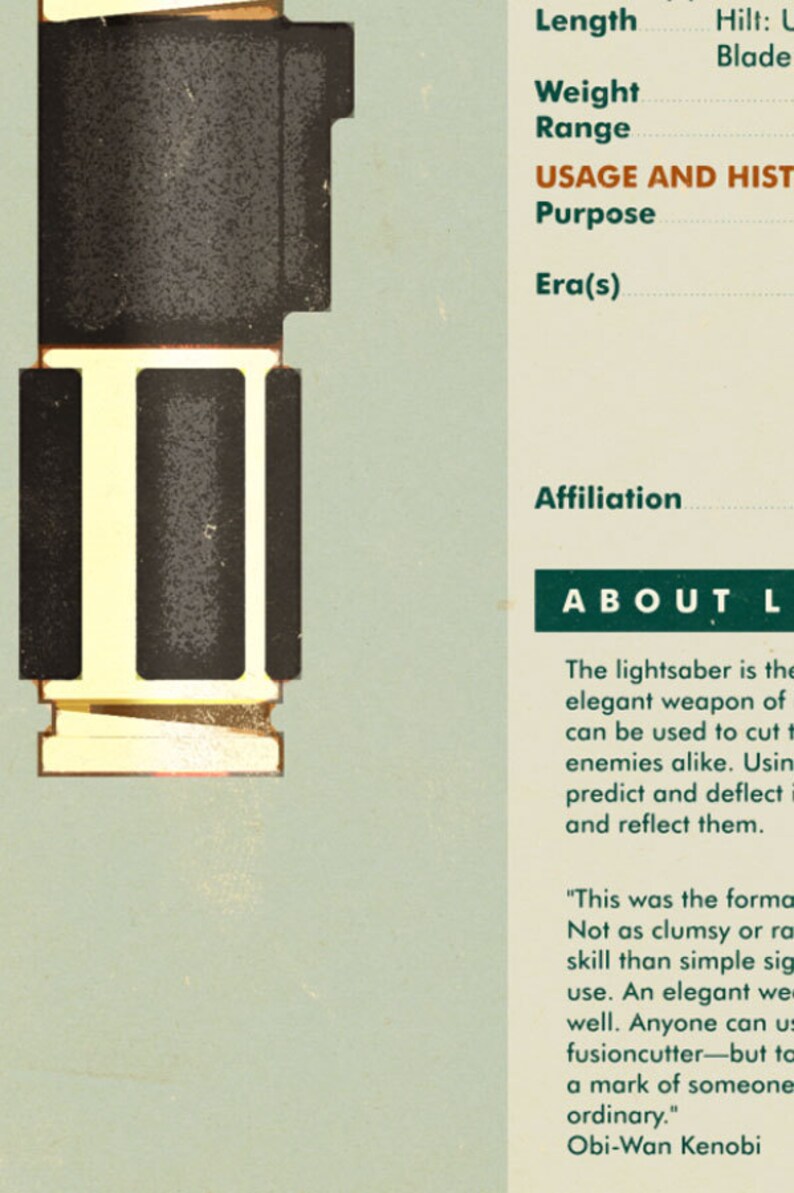 K&ouml;nnte beinhalten: Eine Nahaufnahme eines Lichtschwerts, einer fiktiven Waffe aus dem Star Wars-Universum. Das Lichtschwert ist ein langes, zylindrisches Objekt mit einer leuchtenden Klinge. Der Text "ABOUT THE LIGHTSABER" ist auf dem Bild zu sehen. Das Zitat "This was the form... Not as clumsy or random as a blaster; an elegant weapon for a more civilised age." wird Obi-Wan Kenobi zugeschrieben.