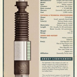 K&ouml;nnte beinhalten: Eine detaillierte Infografik &uuml;ber das Lichtschwert, das von Obi-Wan Kenobi im Star Wars-Universum verwendet wird. Die Infografik enth&auml;lt Informationen &uuml;ber die Produktion des Lichtschwerts, seine physikalischen Eigenschaften, seine Verwendung und seine Geschichte. Sie enth&auml;lt auch ein Zitat von Obi-Wan Kenobi &uuml;ber das Lichtschwert.