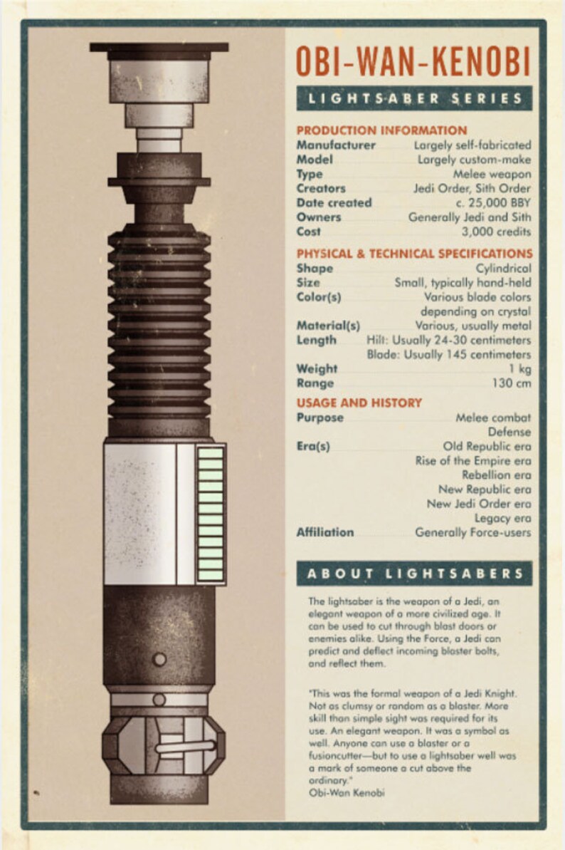 K&ouml;nnte beinhalten: Eine detaillierte Infografik &uuml;ber das Lichtschwert, das von Obi-Wan Kenobi im Star Wars-Universum verwendet wird. Die Infografik enth&auml;lt Informationen &uuml;ber die Produktion des Lichtschwerts, seine physikalischen Eigenschaften, seine Verwendung und seine Geschichte. Sie enth&auml;lt auch ein Zitat von Obi-Wan Kenobi &uuml;ber das Lichtschwert.