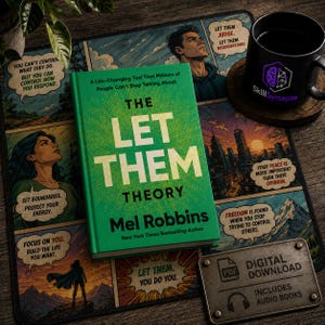 May include: A green book titled The Let Them Theory by Mel Robbins, resting on a comic-style desk mat featuring various illustrations and motivational text, alongside a black mug with the SkillSynapse logo and a digital download metal sign.