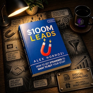 Puede incluir: Un libro azul titulado $100M LEADS de Alex Hormozi, Volumen 2, con un gráfico de un imán rojo y plateado. El texto de la portada dice: How to get strangers to want to buy your stuff. El libro está colocado sobre un tapete de escritorio oscuro.