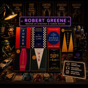 Puede incluir: Una colección de siete libros de Robert Greene que incluye The 48 Laws of Power, The Daily Laws, The Laws of Human Nature, Mastery, The Art of Seduction, The 33 Strategies of War y The 50th Law, exhibidos con un letrero de descarga digital.