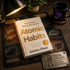 May include: A hardcover book titled Atomic Habits by James Clear with a cream-colored cover and gold glitter lettering. The subtitle reads Tiny Changes, Remarkable Results. A circular gold badge indicates over 3 million copies sold.
