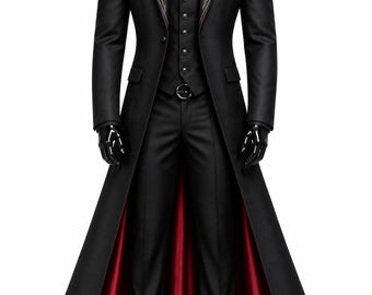 Gothic Victorian Long Coat Suit, Gold Embroidery, Red Contrast (3-Piece)