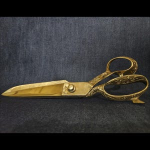 Könnte beinhalten: Eine goldfarbene Metallschere mit einem komplizierten floralen Prägemuster entlang der Griffe und des Gelenks. Die Klingen sind glatt und poliert, während die Fingerringe mit detaillierten dekorativen Gravuren versehen sind.
