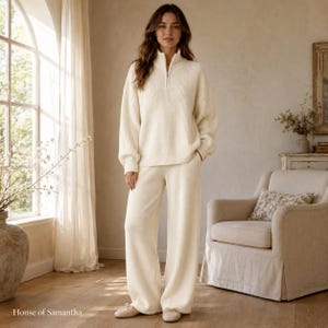 Conjunto de punto suave para estar en casa, jersey con media cremallera y pantalón de pierna ancha, talla única.