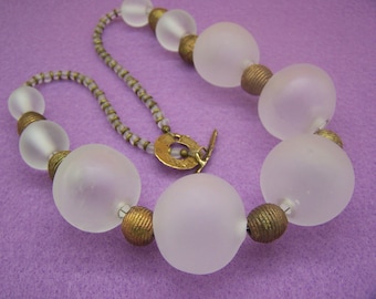 Lampwork necklace of translucent white large blown hollow glass beads, etched,  19," statement necklace