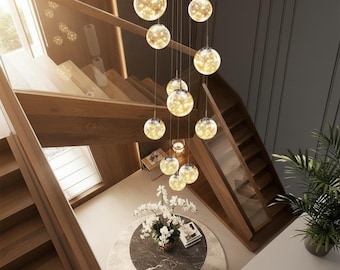 Glass Staircase Chandelier High Ceiling Pendant Light for Entryway Foyer Living Room