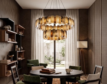 Spaanse albasten kroonluchter, natuurlijke marmeren hanglamp voor eetkamer, keuken en woonkamer.
