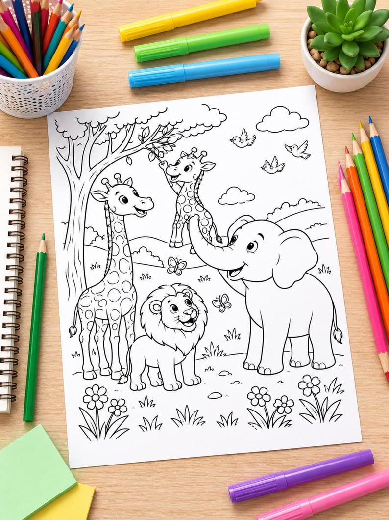 A black and white coloring page featuring a giraffe, a lion, and an elephant in a forest setting with trees, flowers, butterflies, and birds. The page is surrounded by colored pencils, markers, and a small potted succulent plant.