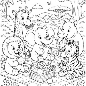 Fun picnic scene with lion, elephant, giraffe, rhino and hippo gathered around a basket, safari animals coloring pages for kids