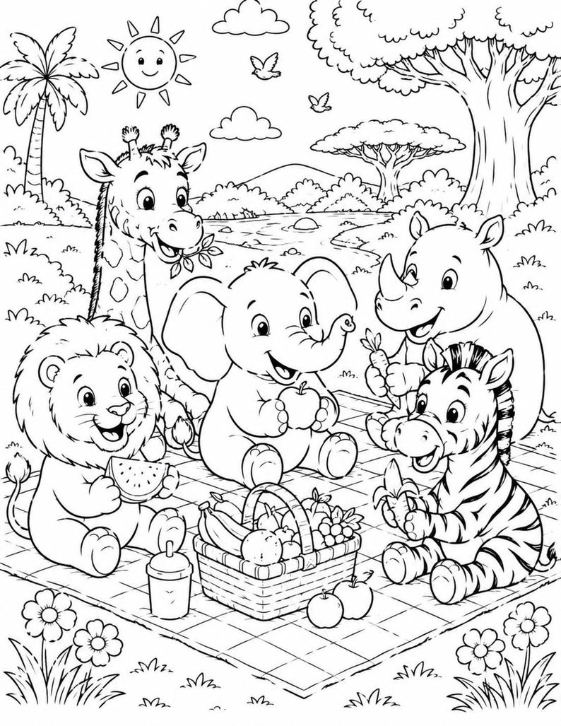 Fun picnic scene with lion, elephant, giraffe, rhino and hippo gathered around a basket, safari animals coloring pages for kids