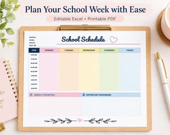 Editable School Schedule Template, Excel Planner for Students and Homeschool, Weekly Class Timetable