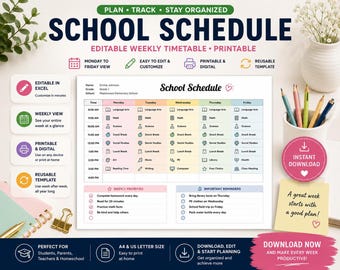 Editable School Schedule Template, Excel Planner for Students, Weekly Timetable for Classes and Activities