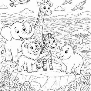 Group of smiling elephant, lion and zebra among palms and clouds, soft rounded lines, safari animals coloring pages for kids