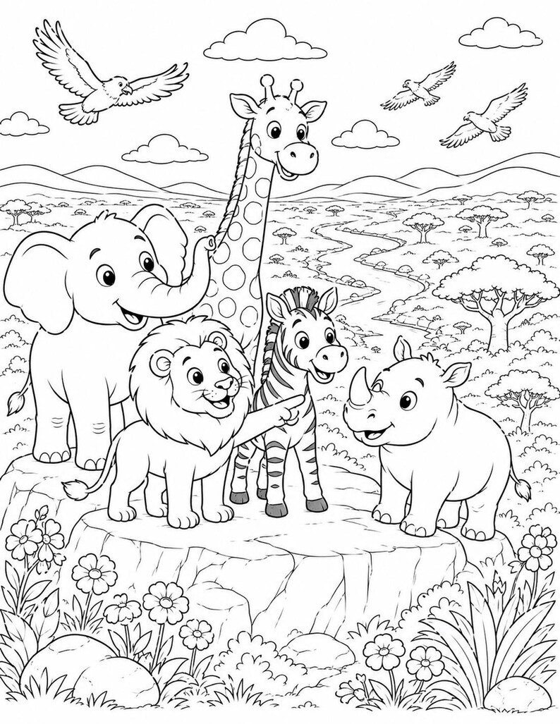 Group of smiling elephant, lion and zebra among palms and clouds, soft rounded lines, safari animals coloring pages for kids