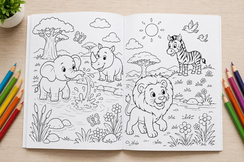 An open coloring book featuring black and white line art of safari animals including an elephant, rhinoceros, zebra, and lion in a natural landscape with trees, flowers, and butterflies, surrounded by several colored pencils.